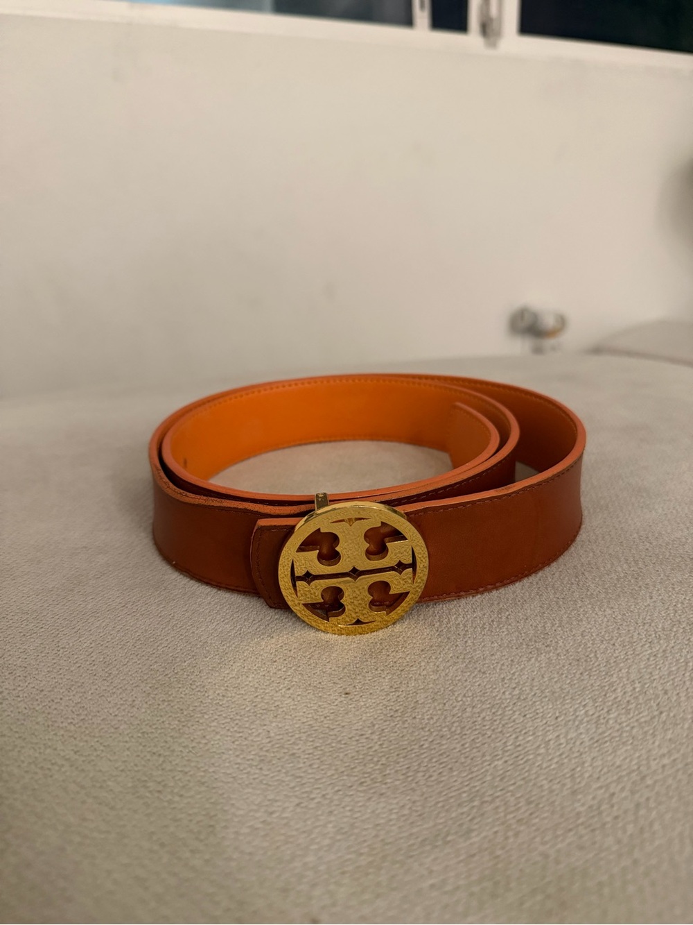 Tory Burch Tan Leather Reversible Belt with Gold Double-T Buckle